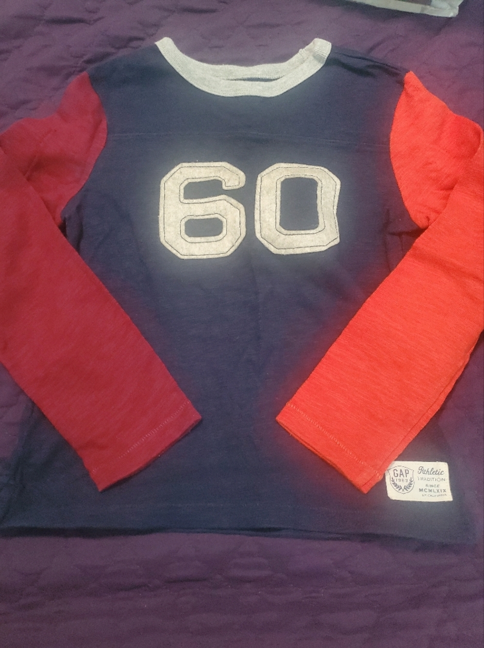 GAP Kids Red/Burgundy Sleeves Navy Body Long-Sleeve Top with White '60'